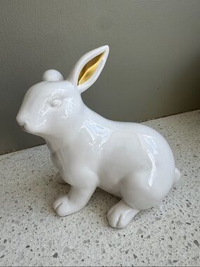 White Ceramic Rabbit Sculpture with Gold-Accented Ear